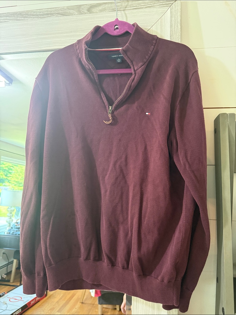 Tommy Hilfiger Men's Burgundy V-Neck Quarter-Zip Sweater